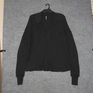Free People Pullover Sweater Womens L Black Ribbed Deep V Neck Slouchy Cotton